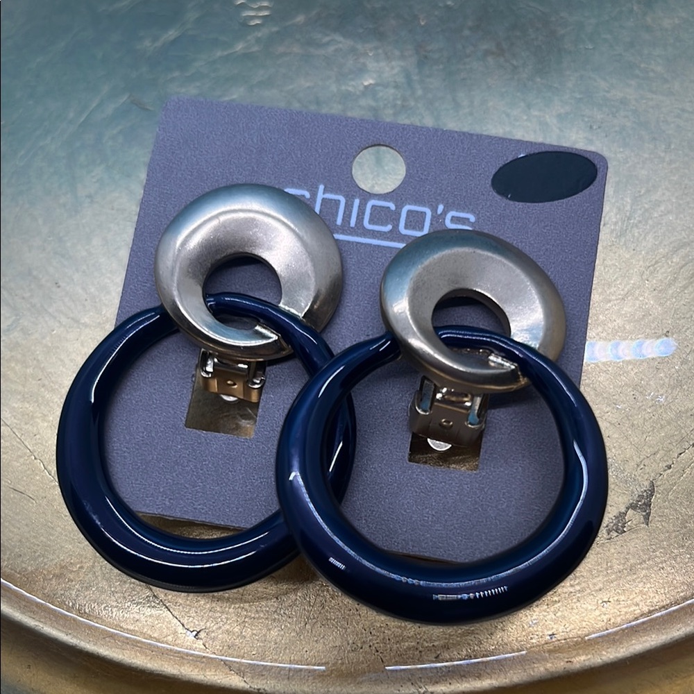 R51 Chico's Goldtone and Dark Blue Clip Earrings